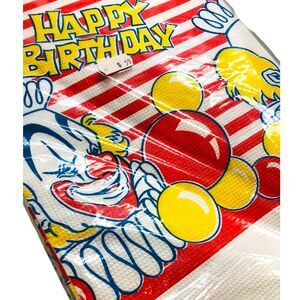 Vintage Cake Mate Paper Tablecloth Clown Birthday Red Yellow Balloons 48x88”